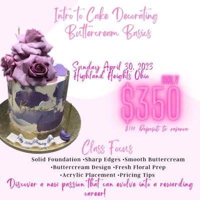 Intro To Cake Decorating- Buttercream Basics: This class is perfect for anyone who would like to learn/fine tune their cake decorating skills. This class will be packed with helpful info, tips and tricks! You will leave feeling confident in your skills and abilities!   We will cover the proper technique and tools to use. you will learn to properly fill, stack, and frost a REAL CAKE getting smooth sides and sharp edges. Using real cake in class allows the info learned to be directly applied to your business immediately. No learning curve! We will decorate our cakes in a modern design using buttercream techniques, fresh florals (which you will learn how to properly prep and apply to your cake) and acrylics!   At the end of class we will cover how to properly price the cake that you created to ensure you are charging your worth. This investment can pay for itself in ONE cake!   All supplies included. I just ask that you bring your own TURN TABLE (I have some in case you don’t, but they are not great quality) Please let me know if you will be using one of mine 🎂   Im so excited and I hope to see you there! Cc C