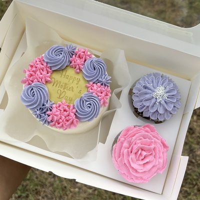 Round Lunch Box Cake: 4 Inch 1 Layer W/ 2 Cupcakes