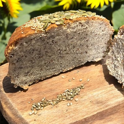 Flax And Chia Seeds Bread Topped With Pumpkin And Quinoa Seeds. 