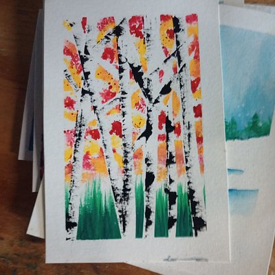 Handmade Watercolor Winter Scene Reds And Yellows