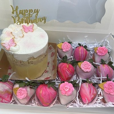 Personal Tres Leches Cheesecake With Chocolate Covered Strawberries 