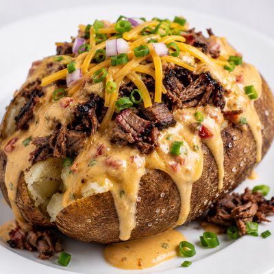 Brisket Queso Baked Potato