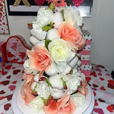 White Chocolate Strawberry Tower With Pink And White Roses 