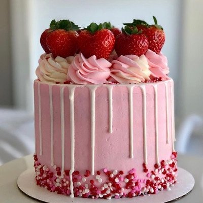 Fresh Strawberry Cake With Pink Icing & White Dripping & Sprinkles 10 Inch (serves 16-20)