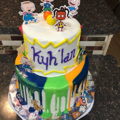 Rugrats 2 Tier Vanilla Cake With Colorful Drizzle Feeds 50 Ppl Custom Cake Board