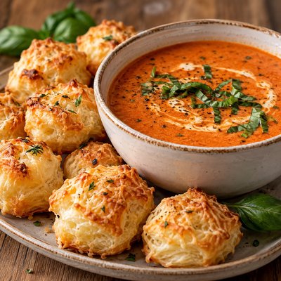 32 oz Tomato Basil Soup w/Gruyère Cheese Puff Pastry Bites